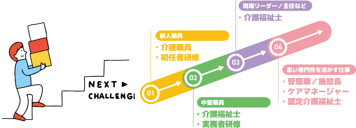 キャリアアップの流れ。新人職員は介護職員・初任者研修、中堅職員は介護福祉士・実務者研修、現場リーダーや主任などでは介護福祉士、高い専門性を活かす仕事として管理職・施設長、ケアマネージャー、認定介護福祉士へ進むイメージ図。